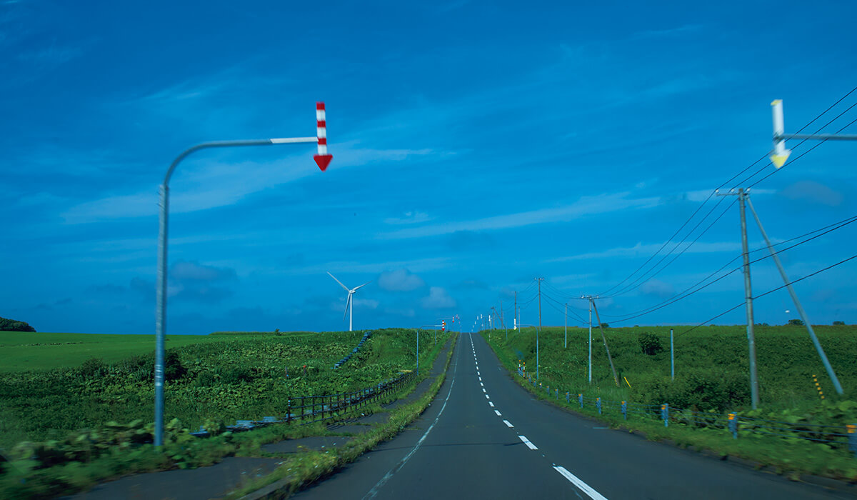 牧草地帯の一本道