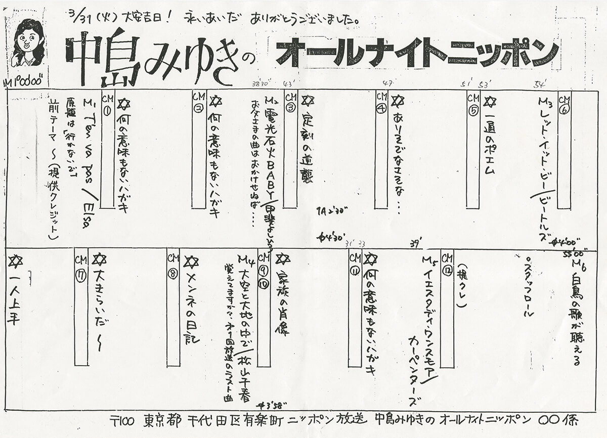 『中島みゆきのオールナイトニッポン』番組スケジュール表