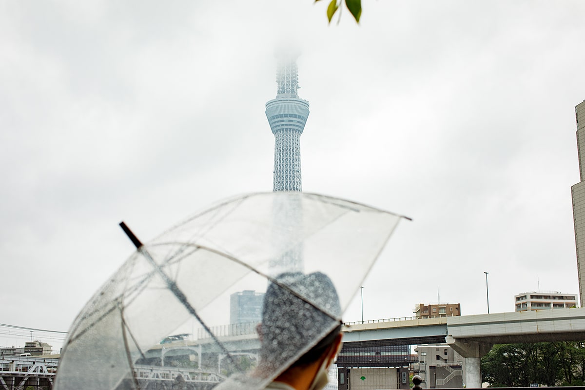 雨のスカイツリーとビニール傘