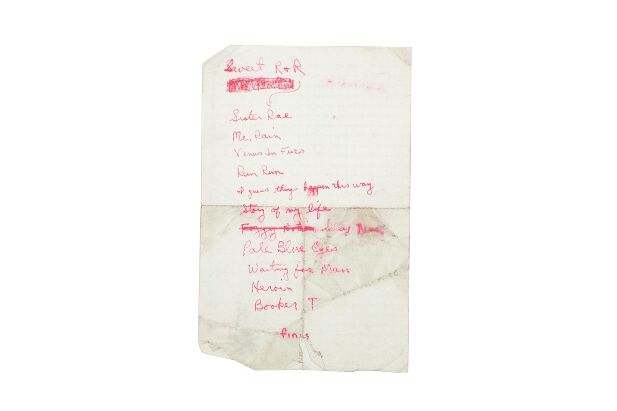 Velvet Underground set list in Sterling Morrison's hand 1966