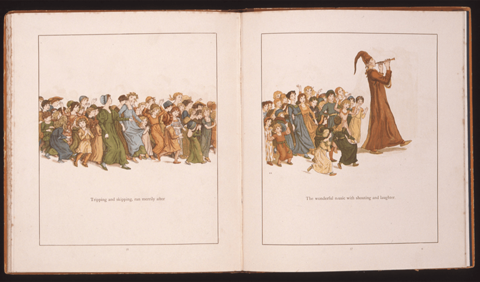 ロバート・ブラウニング著、ケイト・グリーナウェイ画『ハーメルンの笛吹き』(1888年刊、栃木県立美術館蔵）。多くの色を使い、躍動感あふれる群像を描いている絵本。ケイト・グリーナウェイも当時の人気作家のひとり。