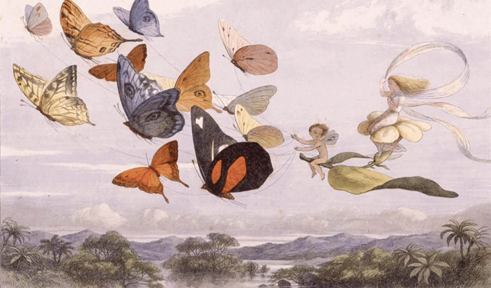 ウィリアム・アリンガム著、リチャード・ドイル画『妖精の国にて』より（1875年刊、栃木県立美術館蔵）。小口木版画による究極の緻密さと、9つの色版で、妖精の世界を見事に表現。