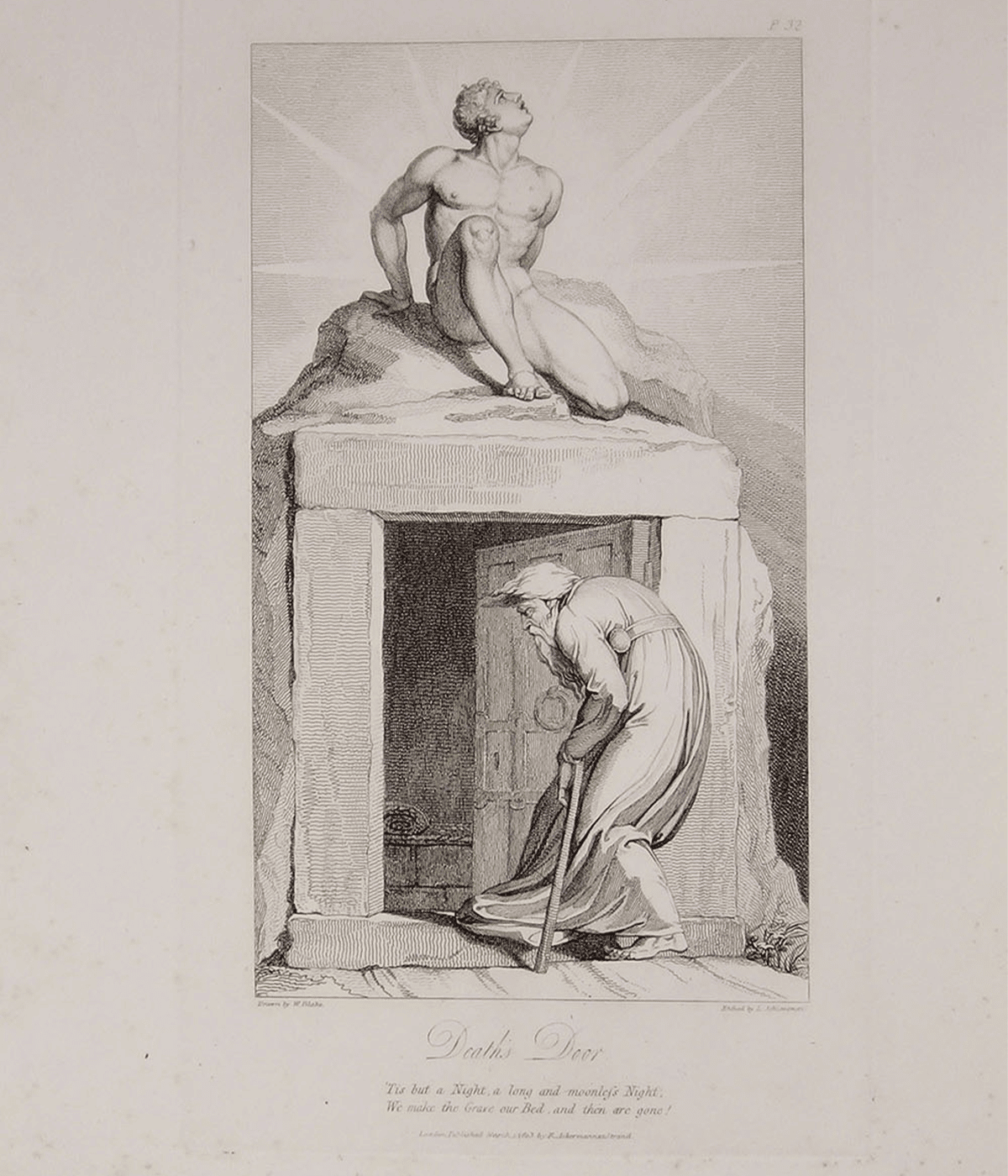 ロバート・ブレア著、ウィリアム・ブレイク画『墓』より（1808年刊、郡山市立美術館蔵）。この時代はまだ、エッチングなど、いわゆる銅などに彫り込む凹版画の挿絵。