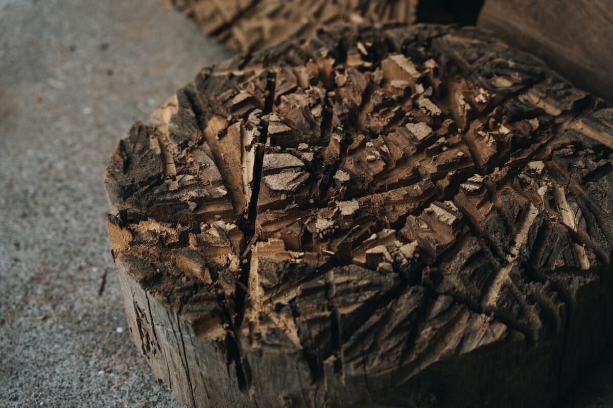 木工旋盤を使用する際にテストされた丸太の切り口